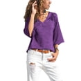 thumbnail image 3 of Langwyqu Women Solid Color V Neck 3/4 Sleeve Casual Loose Shirt, 3 of 5