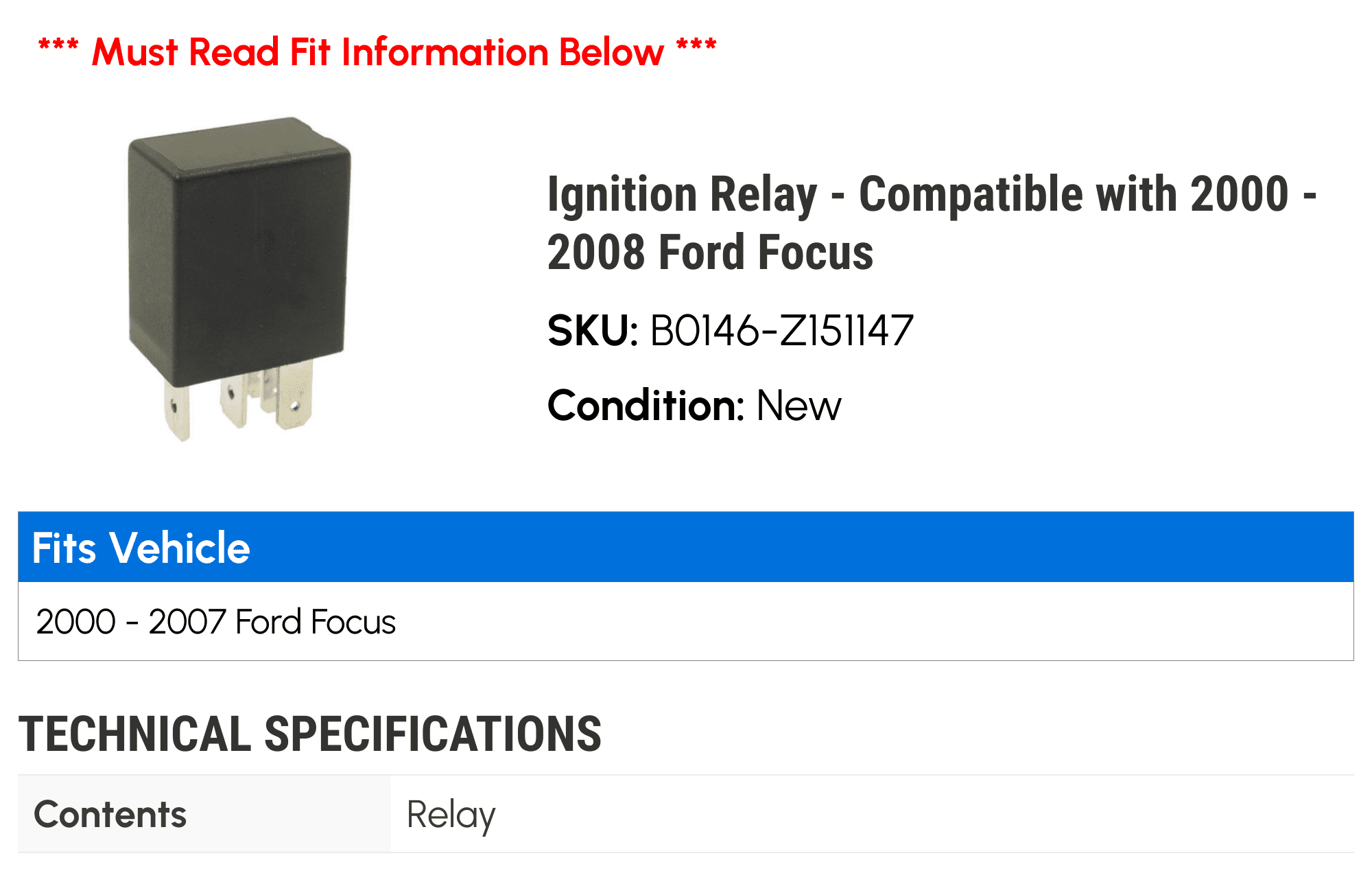 Ignition Relay - Compatible with 2000 - 2008 Ford Focus 2001 2002 2003 2004 2005 2006 2007