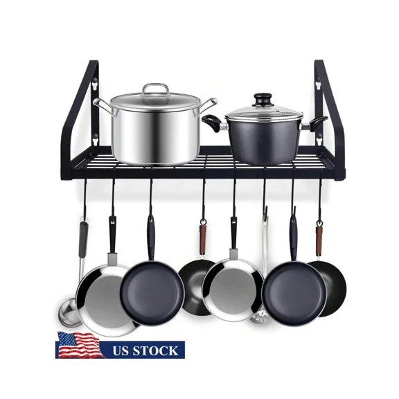 Pot and Pan Rack Wall Mounted with 8 Hooks, Heavy Duty Black Steel Cookware Hanging Hanger for Kitchen Utensils, Space-Saving Pan Organizer and Lid Holder, 2 DIY Install Methods