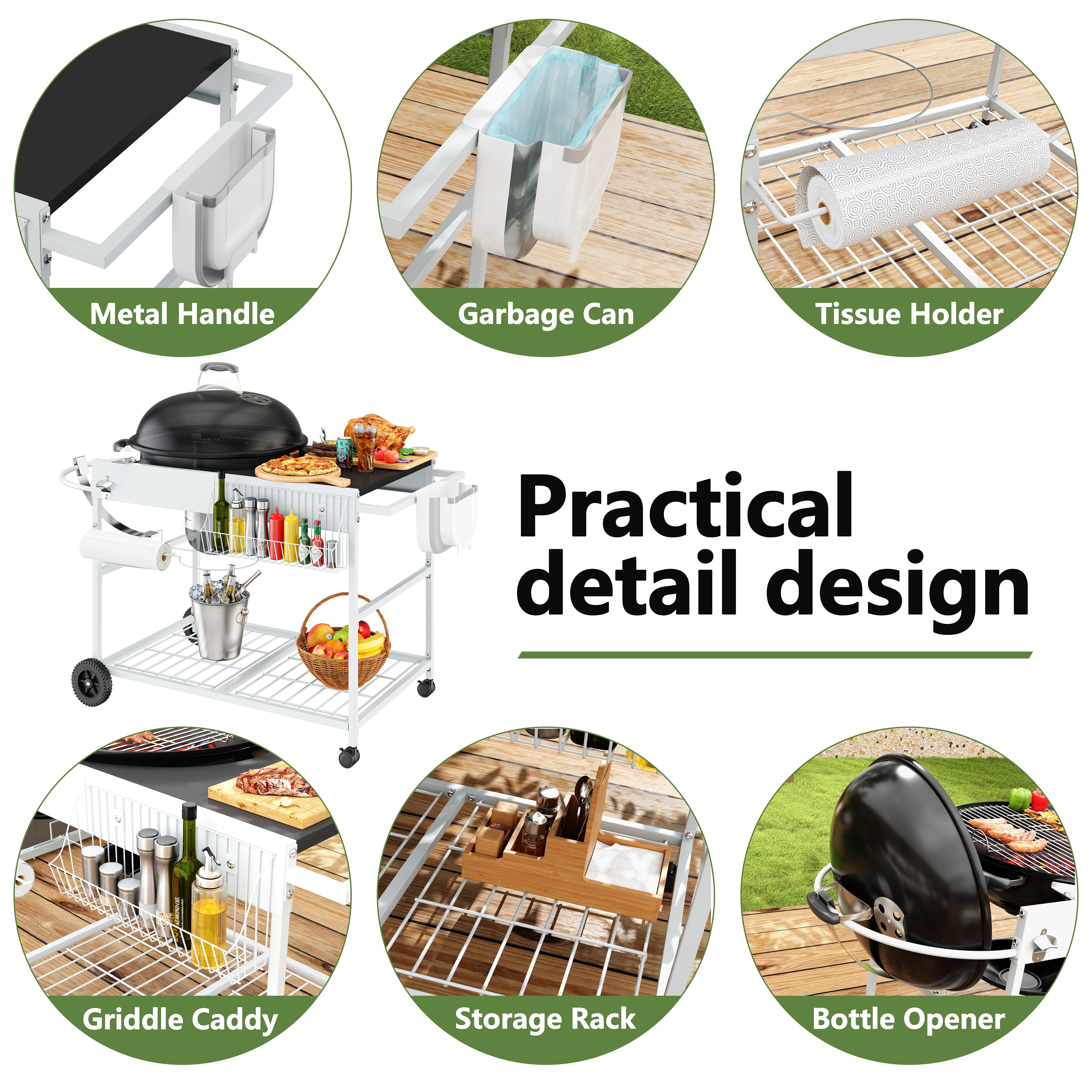 Walsunny Outdoor Grill Prep Table Cart for Weber 22"&18" Kettle, Universal Grill Table Stand Cart for Performer, Master-Touch, JumboJoe Charcoal Grills with Sliding Lid Rack, Lockable Wheels