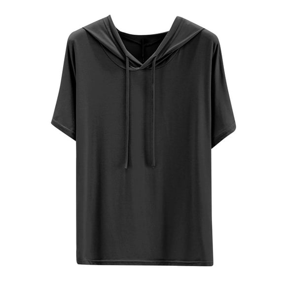 Uaswgudfs Plus Size Hoodies for Women Short Sleeve Hooded Drawstring T-Shirt Solid Color Loose Fit Sport Tee Top, L