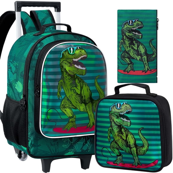 Mochila con Ruedas AGSDON 3 Piezas para Niños con Lonchera Dinosaurio Verde