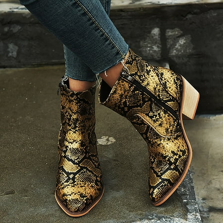 

YOTAMI Women s Shoes Women s Square Heel Mid Heel Zipper Serpentine Low Tube Boots Shoes Gold
