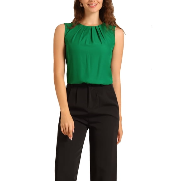 INSPIRE CHIC Summer Tank Tops for Women's Pleated Crew Neck Sleeveless Casual Tops L Green