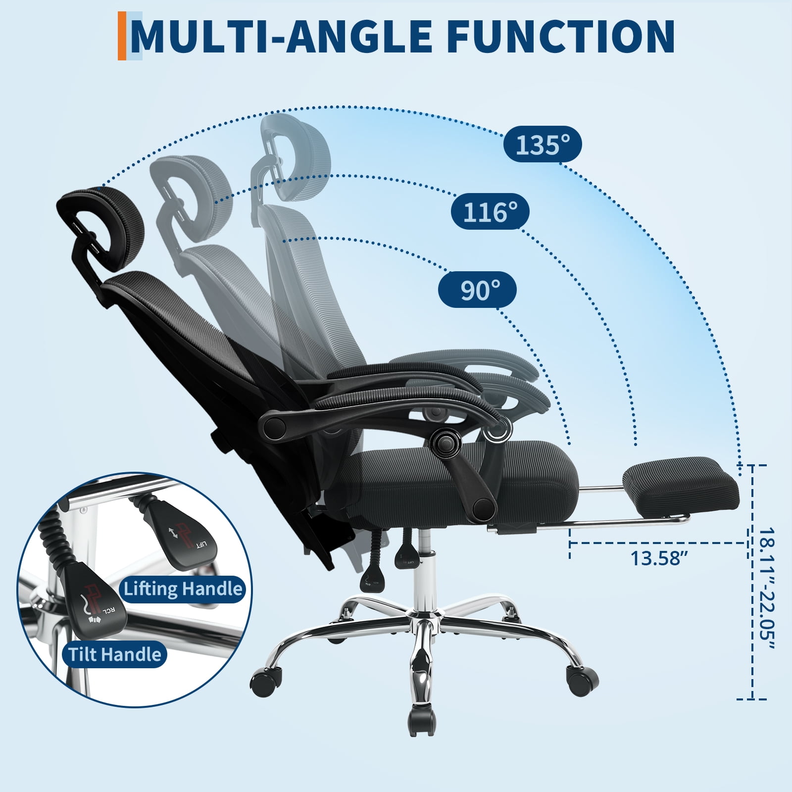Ergonomic Office Chair with Footrest & Headrest – High Back Mesh Desk Chair, 90-140° Recline with Lock, 360° Swivel, Breathable Mesh for Home & Office – Heavy Duty for Men & Women
