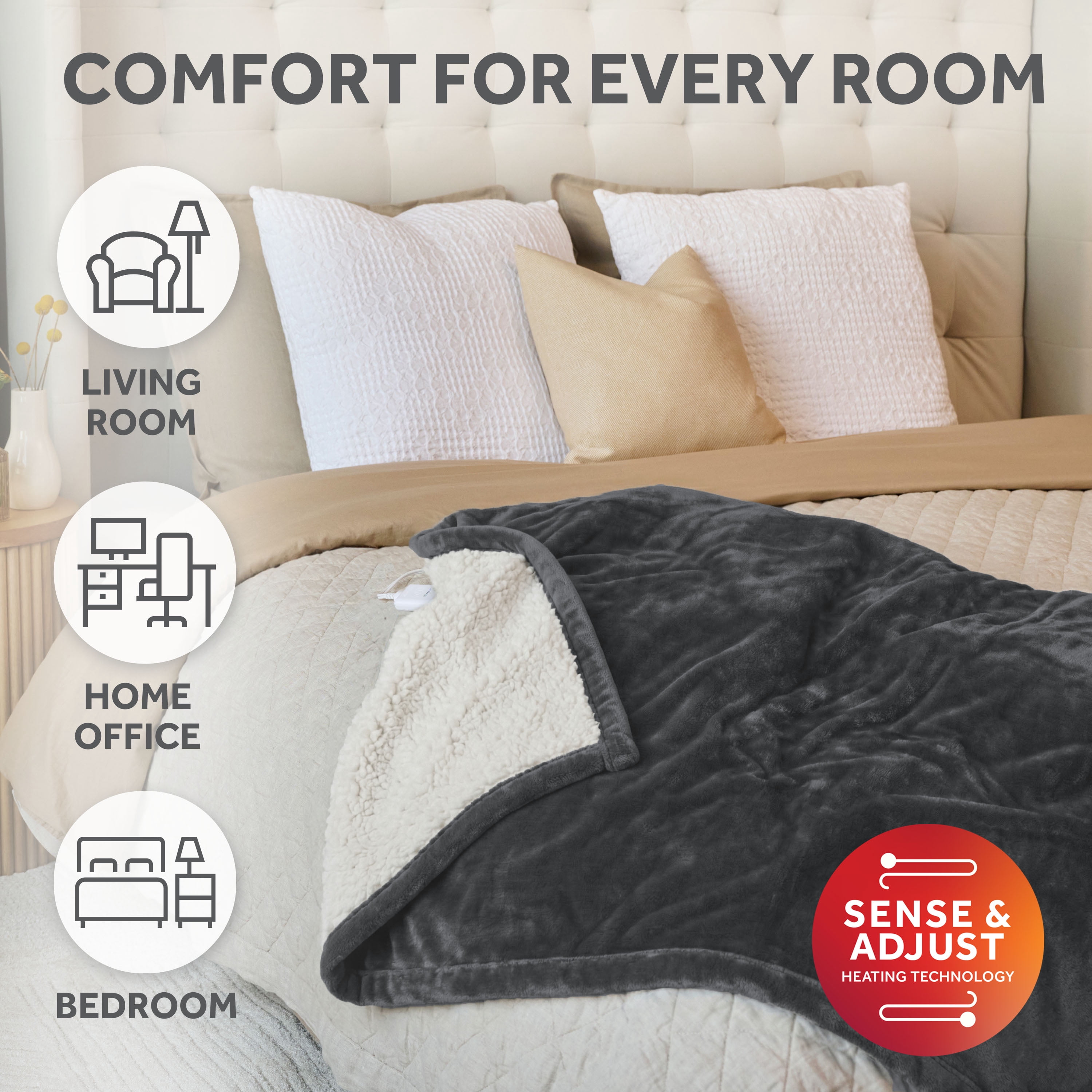 Sunbeam Heated Electric Microplush Faux Shearling Throw Blanket, 50 x 70 in, Greystone, 4 Heat Settings