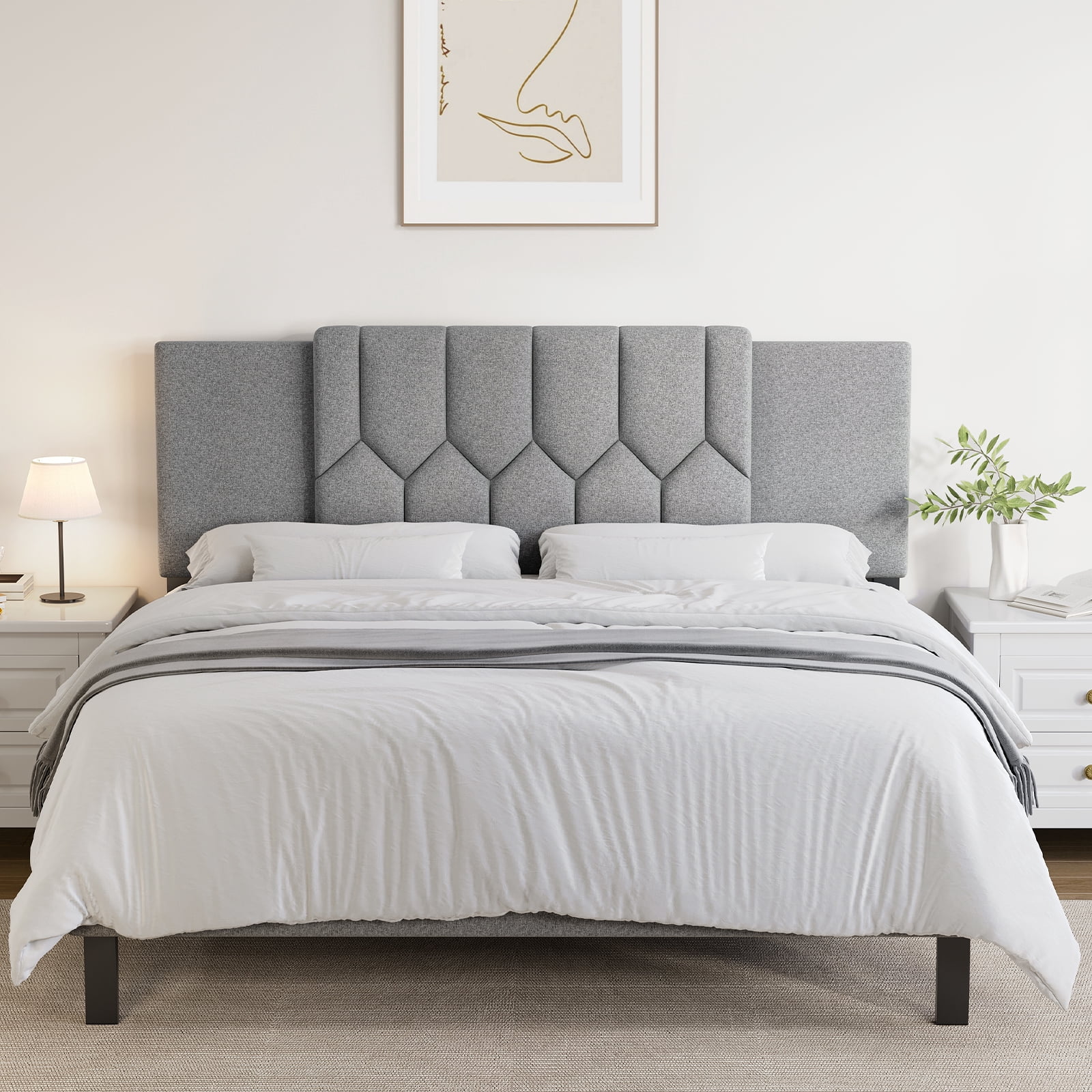 Vefurn Adjustable Upholstered Tufted Headboard for King Beds, Padded Linen, Grey