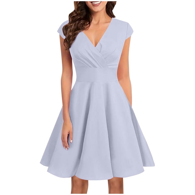 Liquidation d'Été 2025! Robe Grande Taille pour Femmes, Liquidation d'Été pour Femmes, Robes d'Été Unies Col en V Manches Courtes