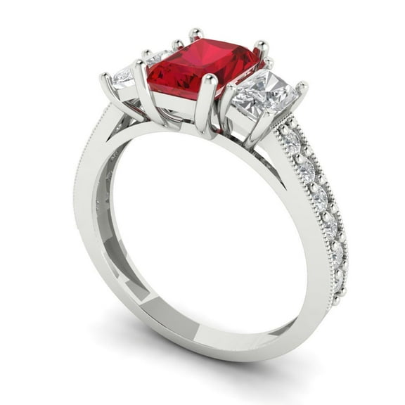 1.88 ct Emerald Cut Simulated Pink Tourmaline Three-Stone Engagement Ring for Women in 14K White Gold