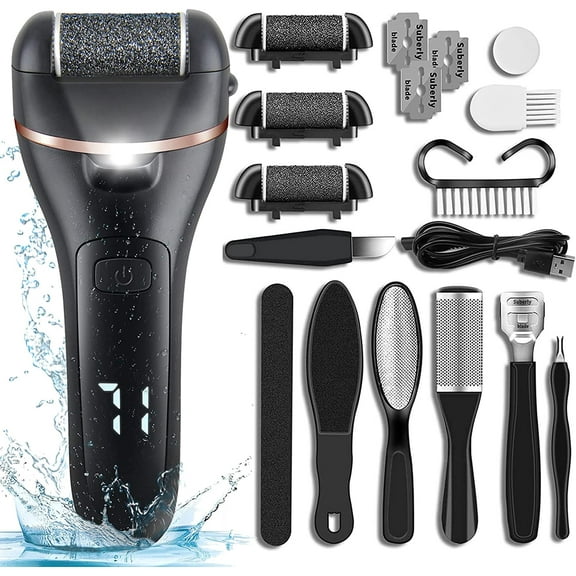 Electric Foot Callus Remover,18-in-1Pedicure Tools Foot Care Kit,Foot Scrubber Electric Feet File Pedi for Hard Cracked Dry Dead Skin,3 Rollers,2 Speed,Battery Display