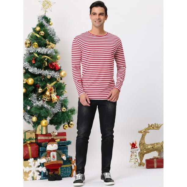 Camiseta De Rayas Rojas Y Blancas Para Hombre – Manga Larga, Cuello Redondo, Estilo Marinero Para Carnaval O Diario