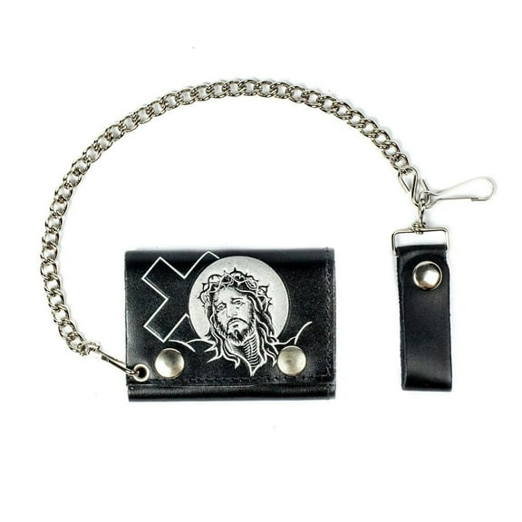 Jesus & Cross Black Leather Tri-Fold Men's Chain Wallet, USA Made