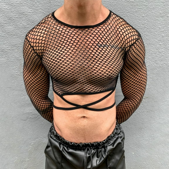 Yusimy Men's Mesh Long Sleeve Shirt Fishnet Cut-out Design Casual Solid Color Round Neck Sporty Urban Streetwear Breathable Y2K Style