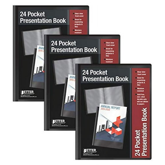 24 Pocket Bound Sheet Protector Presentation Book, 3 Pack, Clear View Front, 48 Page Capacity, by Better Office Products, Art Portfolio, Durable Black Poly Front and Back Covers, Letter Size