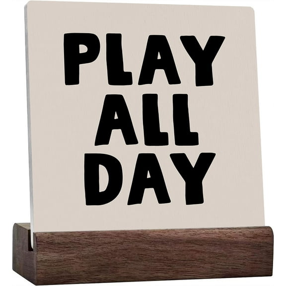 Ceramic Sign 4x4 Inch Play All Day Ceramic Plaque Desk Sign Playroom Plaque Sign with Wood Stand Decoration Toddler Playroom Decor Kids Playroom Art Decor For School Home Play Signs Shelf Table Decor