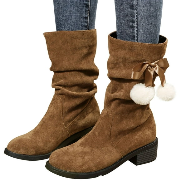 Amzcrzy Mid Calf Boots for Women British Style Suede Round Toe Thick Heel Pile Boots Western Cowboy Boots Ball Knight Boots Women's Boots Shoes for Women Boots for Women Ladies Boots Women Footwear