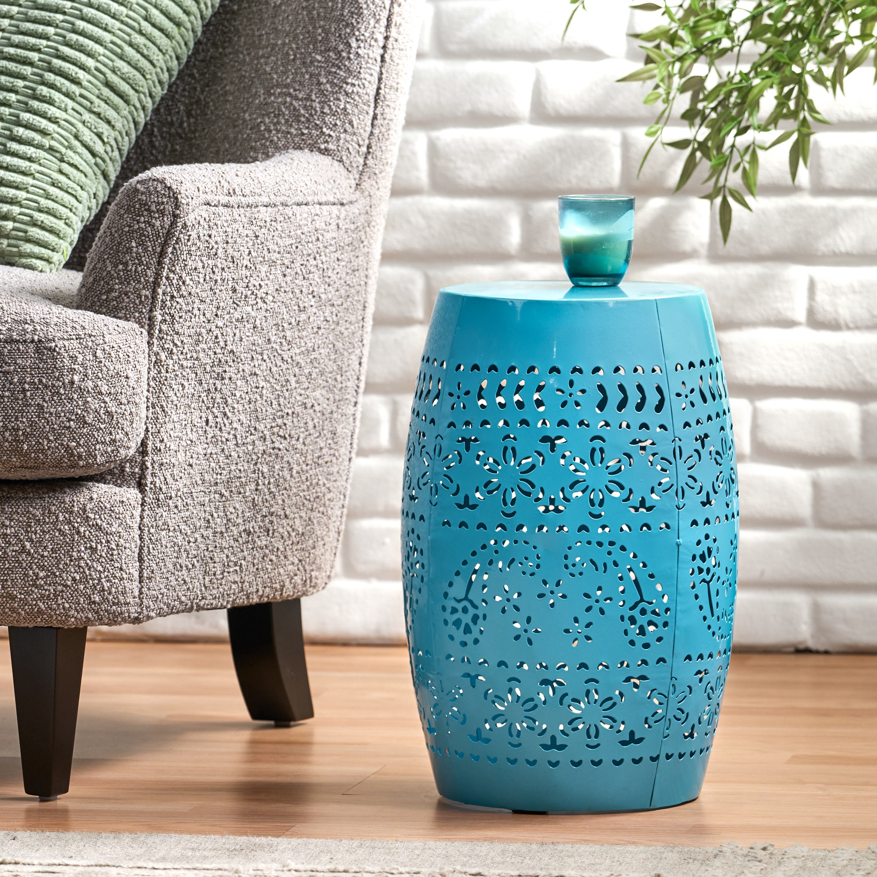 Lace Cut Metal Side Table, Outdoor End Table for Patio Balcony Garden, Blue