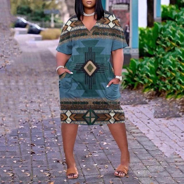 Robes Africaines pour Femmes Robe d'Été pour Femmes Grande Taille Col en V Manches Courtes Longueur Genou avec Poche Robe Décontractée
