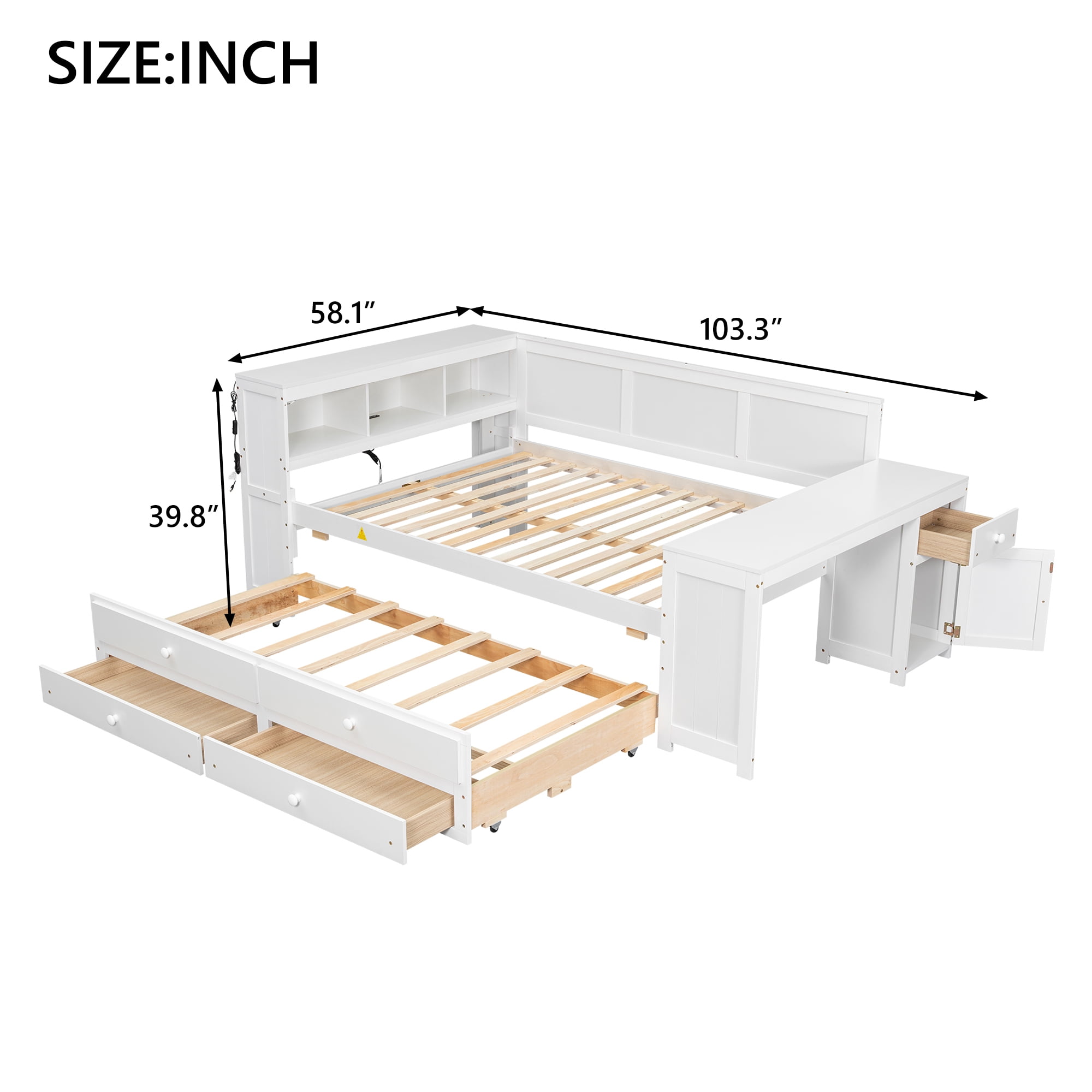 Sailvan Full Size Daybed with Storage Drawers, Trundle and Built-in Desk White