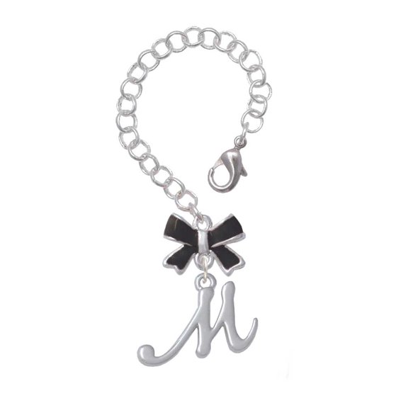 Delight Jewelry Silvertone Small Gelato Script Initial - M - Silvertone Black Bow Charm Accessory for Tumblers and Thermal Cups