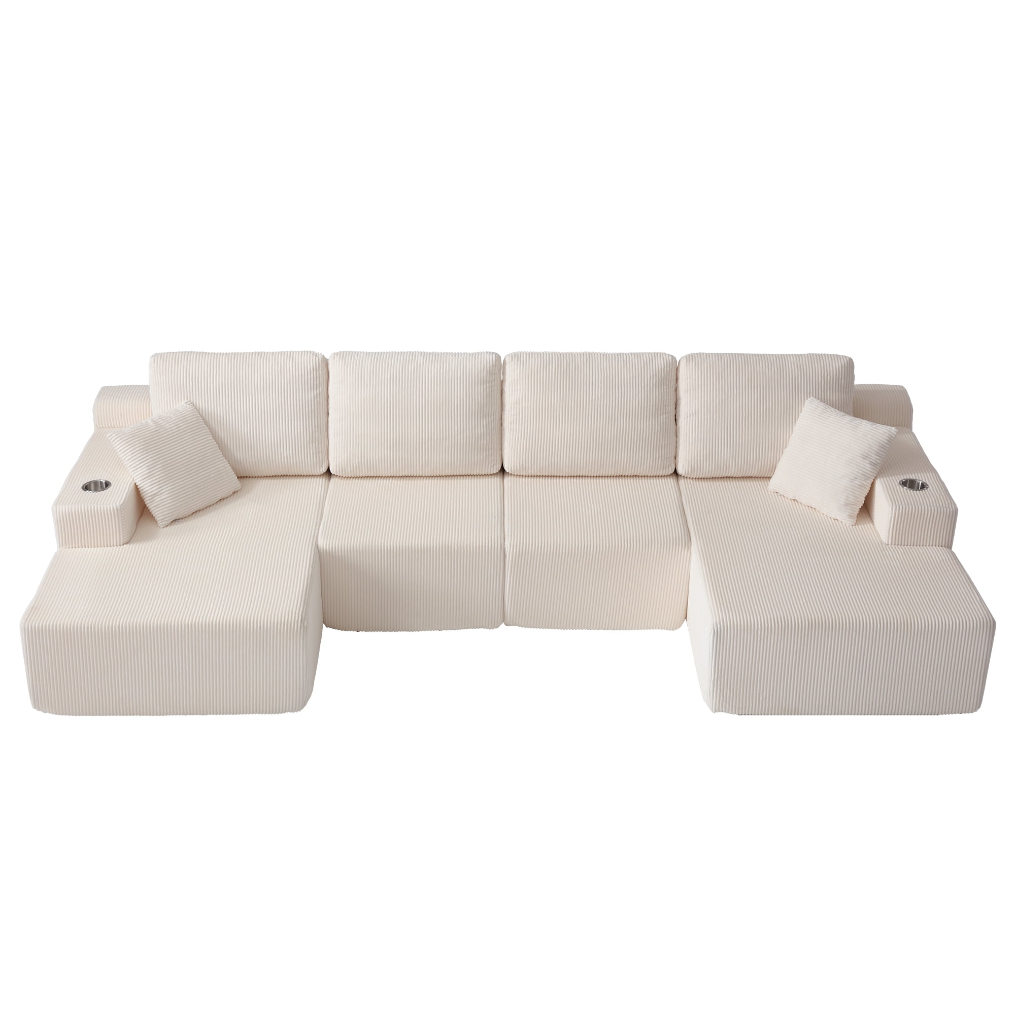 130" U-Shaped Boneless Modular Sectional Sofa with Chaise, 6 Pillows and Cup Holders