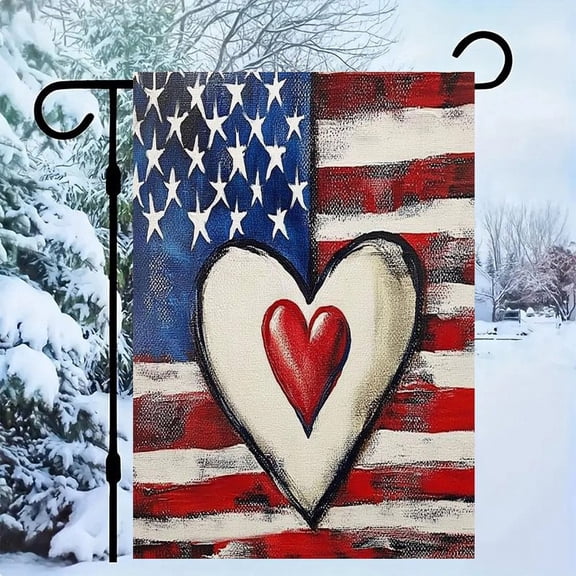 RKSupls Patriotic Linen Double Sided Garden Flag, Independence Day Themed Yard Decor, Heart Flag Canvas Painting Outdoor Banner for Holiday Lawn