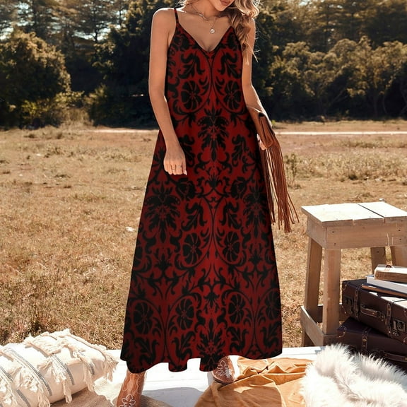 Dark Red and Black Damask Pattern Sleeveless Dress Long dress woman chic and elegant woman dress