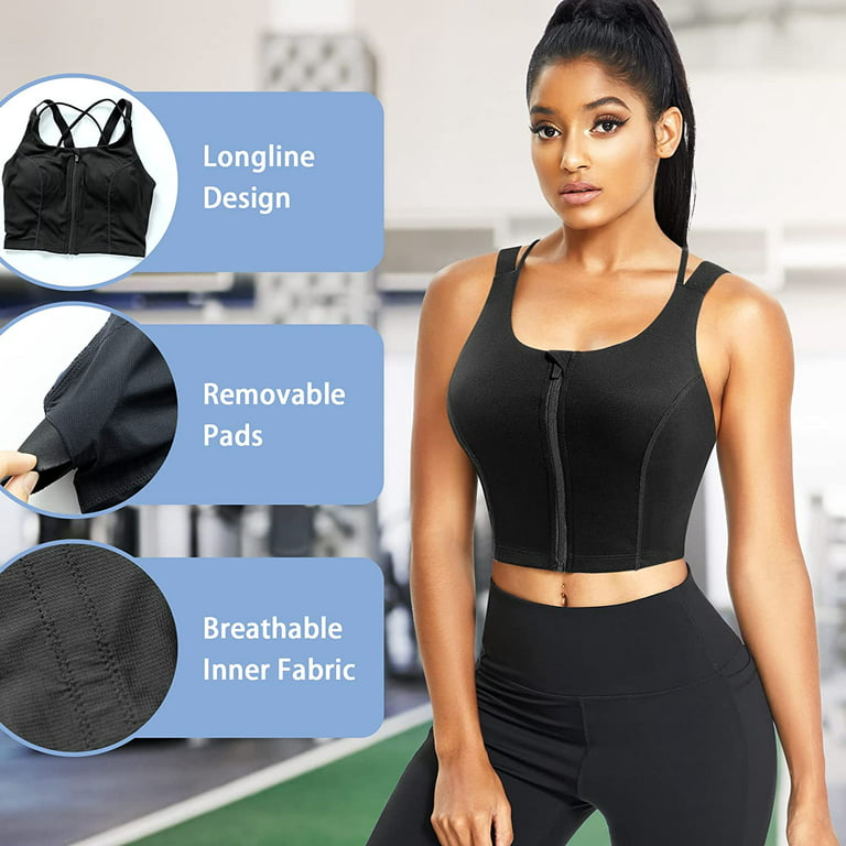 Gotoly Longline Sports Bra Criss Cross Top for Womens Zip Front Workout  Crop top Padded Tank top Strappy Wireless Bra (Black Large) 