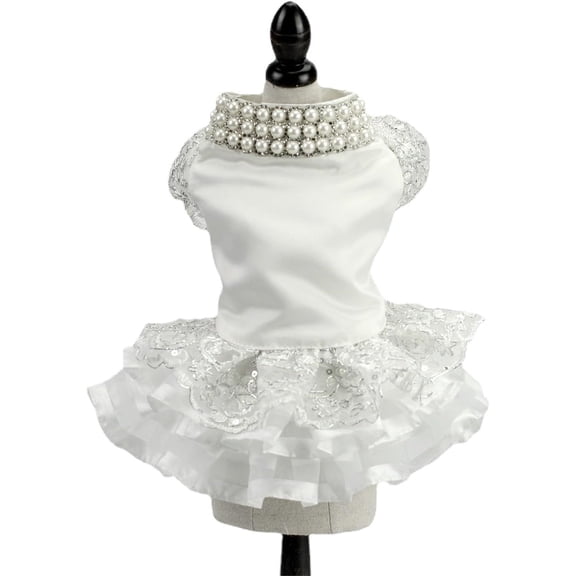 HQREA Dog Dresses for Small Dogs Girl Wedding Bride Dress Outfit with Pearl Necklace Princess Cake Skirt Formal Apparel