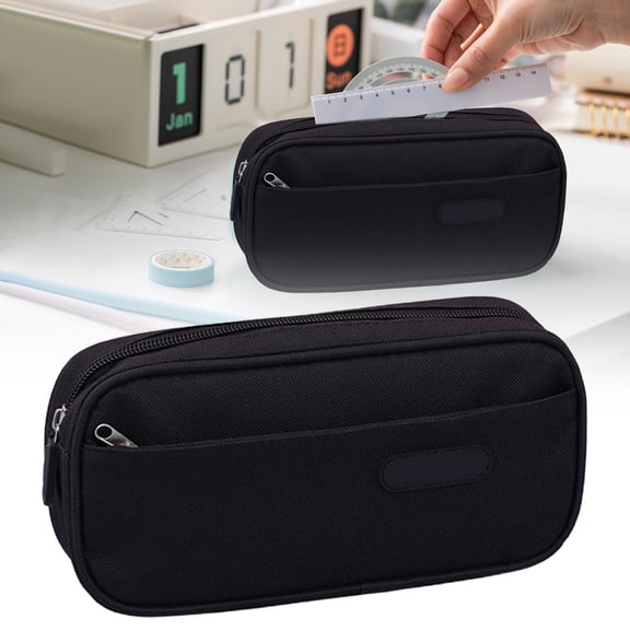 Double Layer Pencil Case Large Capacity Stationery Organizer Box, Multifunctional Pen Bag with Zipper Storage for Pens Pencils Erasers, Portable Students Supplies Case for Classroom Travel Use, Black