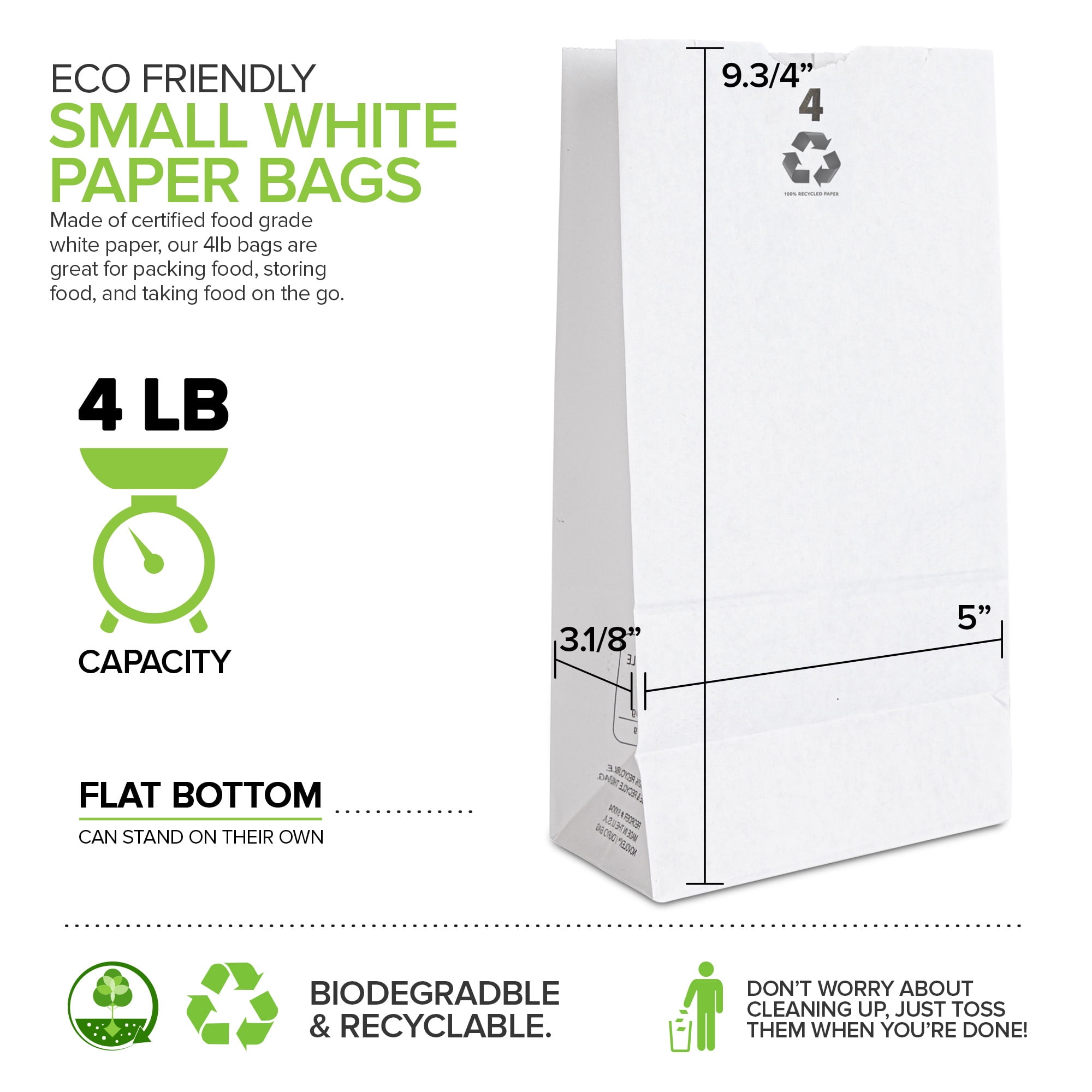4 Lb Kraft White Paper Bags Lunch (500 Count) - Bulk Disposable Lunch Sacks, Small Size Blank Bag for Kids, Good for a Snack, Sandwich, Grocery Food, and Arts & Crafts Projects, Stock Your Home