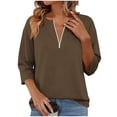 thumbnail image 3 of Feancey Womens 3/4 Length Sleeve Tops Casual Business Summer Tees Quarter Zip Up Collarless T-Shirt Dressy Trendy Going Out Blouse Brown M, 3 of 6