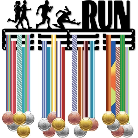 Running Award Display Race Medal Wall Hanger Black Metal Wall Mount Ribbon Sports Athlete Iron Rack Holder Stand for Hold 60  Medals Home Sporter Athletes Medalist Races 15.7 x 5.9 Inch