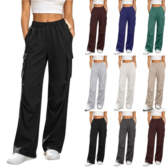 Gealkoca Womens Cargo Sweatpants Ruched High Waisted Sweat Pants Athletic Solid Color Casual Wide Leg Joggers Loose Fall Pants with Pockets