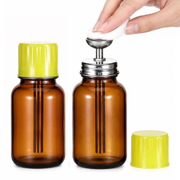 2 PCS 4 oz Amber Glass Pump Dispenser Bottles, Round Push-Down Acetone Containers with Anti-Corrosion Pump, Leakproof Silicone Sealing Ring & Protective Cap for Nail Polish Remover Alcohol