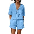 thumbnail image 2 of Cagogo Women Plus Size V Neck 2 Piece Shorts Set Casual Solid Boho Beach Outfits Loose Short Sleeve Crew Neck Tops Comfy Pants Matching Lounge Sets Tracksuits Loungewear Travel Airport Clothes, Blue, 2 of 9