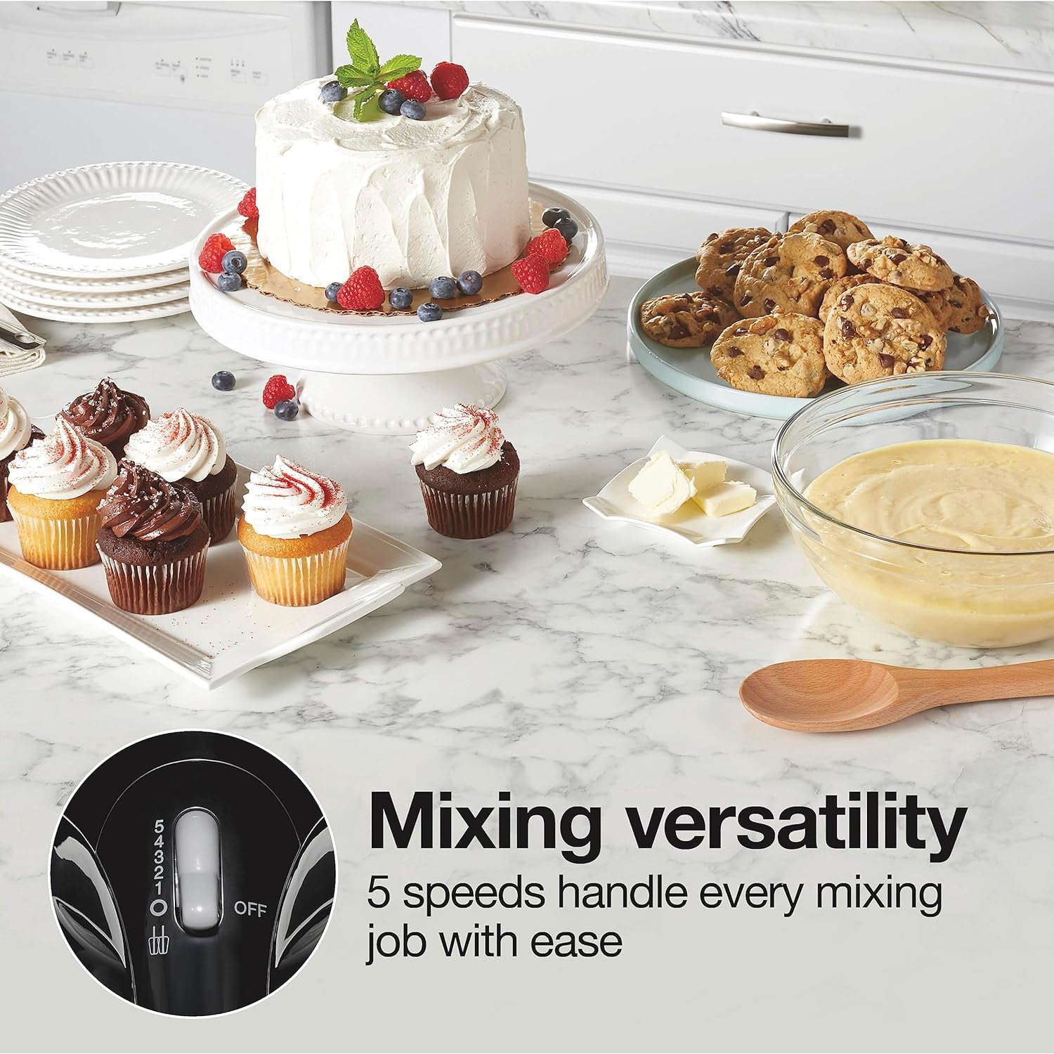 Easy Mix 5-Speed Electric Hand Mixer with Bowl Rest, Compact and Lightweight, 215 Watts of Peak Power, Black (62511)