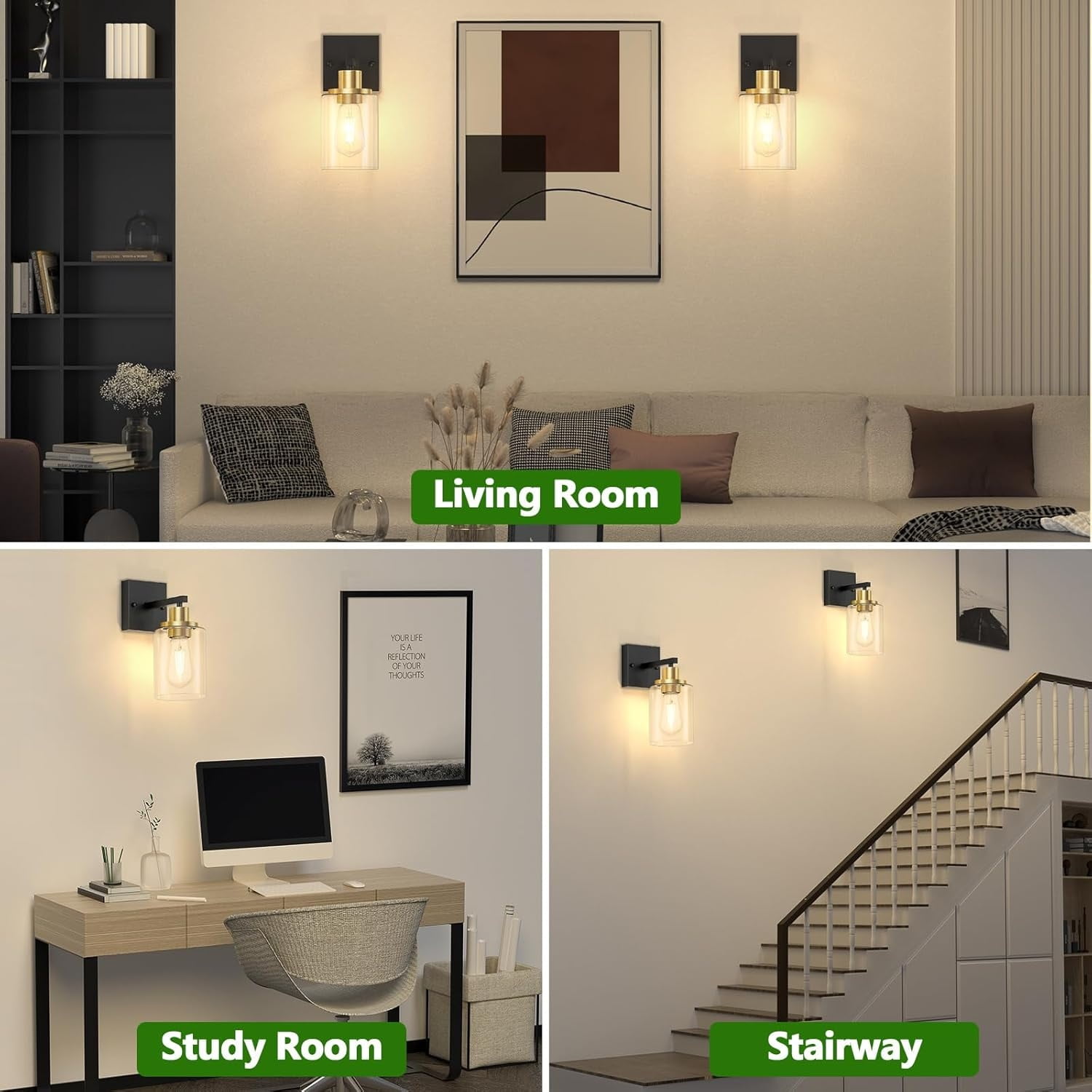 Black and Gold Wall Sconces Set of 2 with Clear Glass Shade, Matte Black Vanity Light Fixtures, Farmhouse Wall Lights for Bathroom, Bedside, Mirror, Living Room, Hallway