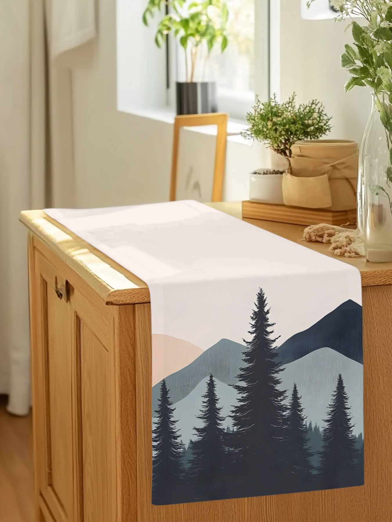 Abstract Tree Mountain Silhouette Table Runner 90 Inches Long, Modern Forest Peaks Landscape Table Runners Tabletop Scarf Kitchen Dining Tables Decoration for Home Party Indoor Outdoor