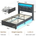 thumbnail image 3 of Twin Beds with LED Light and Charging Port, Upholstered Platform Bed with Storage Headboard and 1 Drawer, Geometric Lines, Modern Nailhead Trim, No Box Spring Needed, Dark Gray, 3 of 8