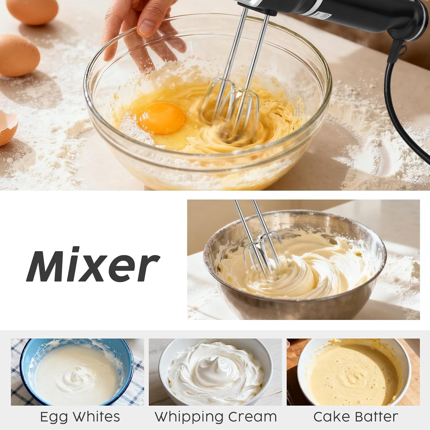 2-in-1 Hand Mixer Immersion Blender Electric with 600W Motor, 12 Speeds &