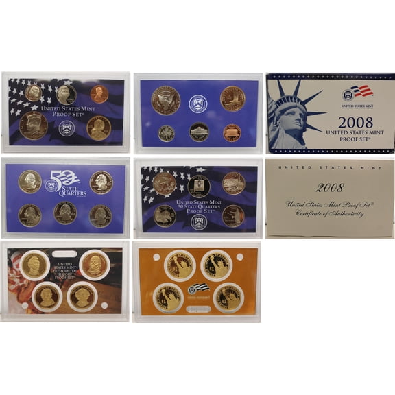 2008 Proof Set - U.S. Mint 14-Coin Clad Set - Includes Presidential Dollars, State Quarters, COA & OGP