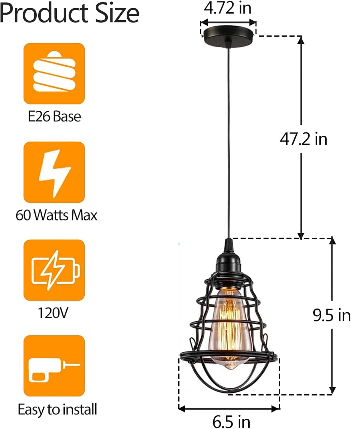 Industrial Pendant Light Adjustable Flush Mount Ceiling Lighting for Kitchen Island Living Room Bedroom Hallway Vintage Hanging Pendant Lights Fixture with Metal Cage Shade, Black