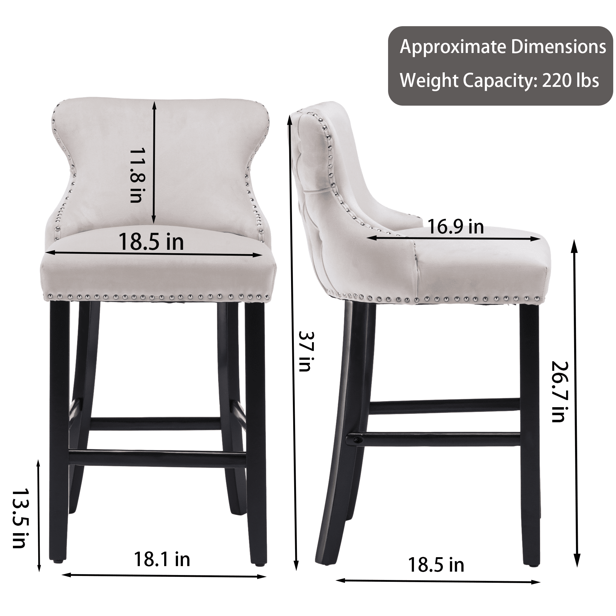 Velvet Counter Height Upholstered Barstools, Bar Stools Seat Height 27", Counter Height Armless Bar Chairs Button Tufted with Solid Wood Legs and Footrest for Kitchen Island Bar Area (Set of 2)