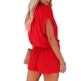 thumbnail image 3 of DYMADE Women Summer Spliced Short Sleeve V-Neck Solid Pockets Elastic Waist Shorts One-Piece Jumpsuit, 3 of 3