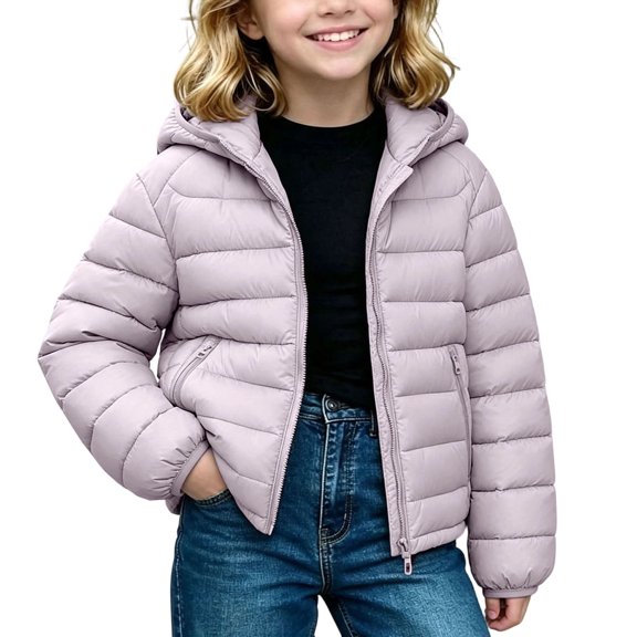 Jalioing Puffer Jacket for Kids Winter Lightweight Long Sleeve Zipper Up Thermal Coat Solid Color Hooded Puffy Outerwear