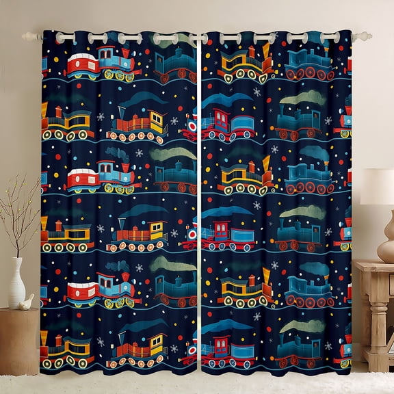 Homewish Cartoon Train Car Black Out Curtains,Multicolor Polka Dots Curtains Pack of 2 (42x63 Each),Deepblue Orange Bedroom Curtains For Boys Kids,Luxury Bedroom Decor