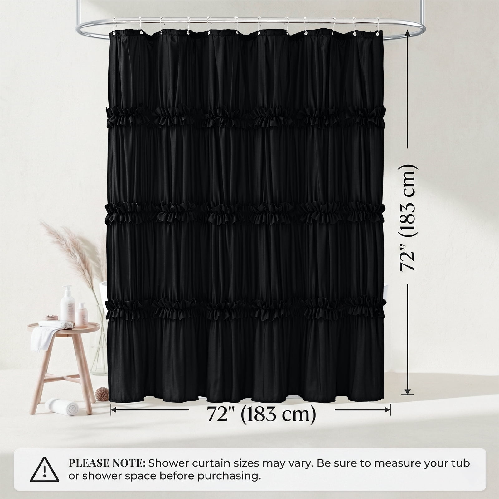 Seasonwood Ruffle Shower Curtain,Black Tiered Fabric Bathroom Curtain for Farmhouse Decor,72 x 72 Inch