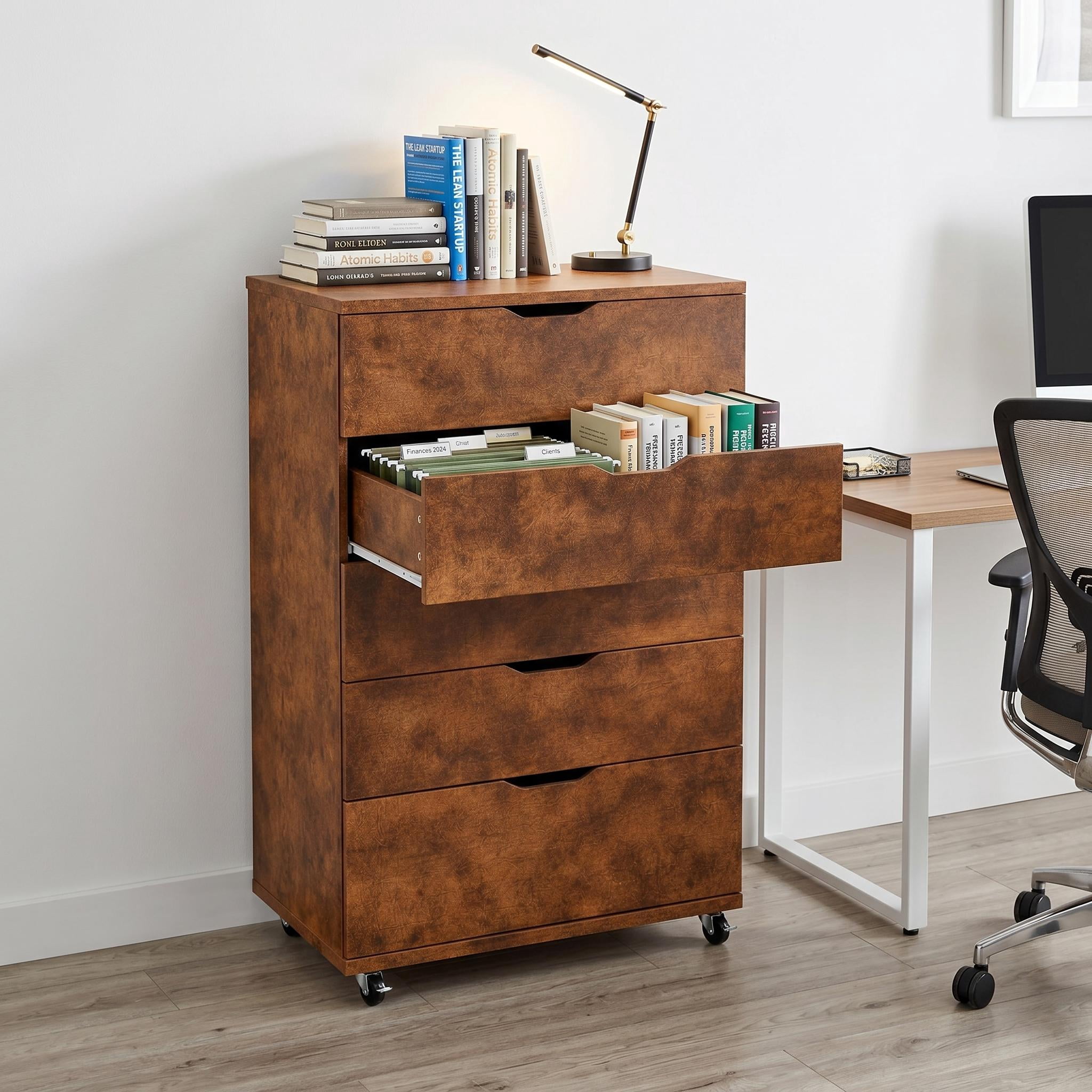 Homy Casa Rustic Brown 5 Drawer Dresser on Wheels for Bedroom Office
