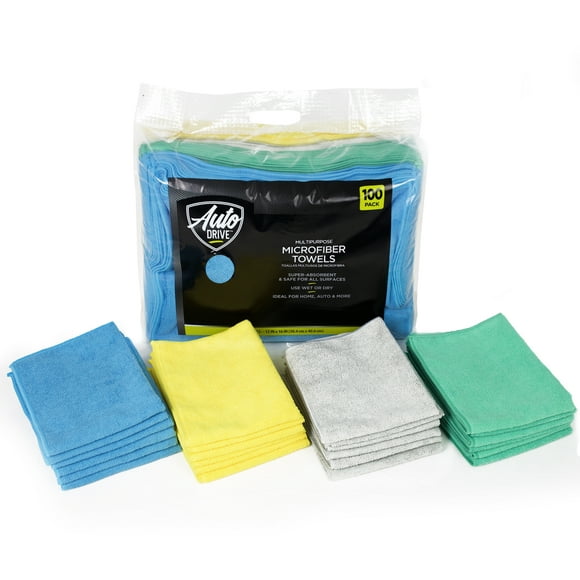 Auto Drive Multipurpose Microfiber Towels, 100 Count, Gray, Blue, Green, Yellow